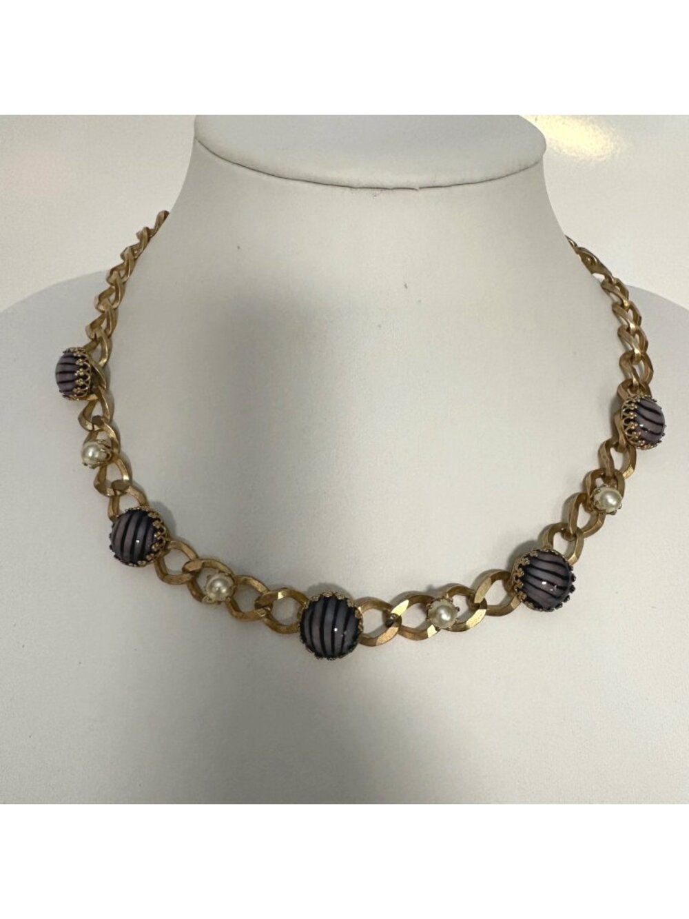 Vintage Gold-Tone Necklace Purple Striped Beads Faux Pearls Hook Clasp